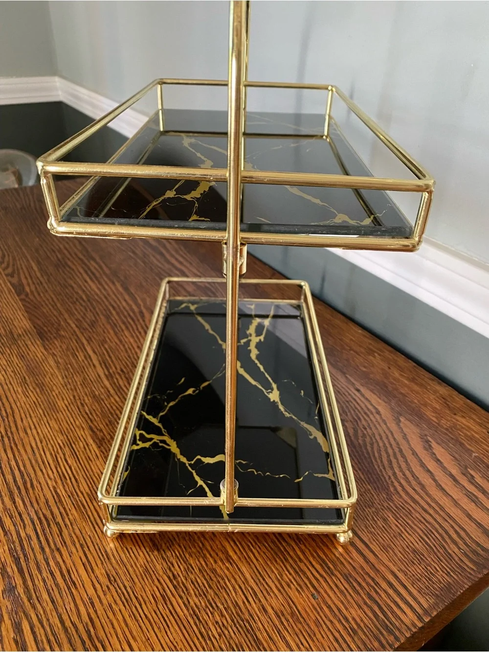 2 Tier Black and Gold Vanity Tray Makeup Jewelry Display 80s 90s Style